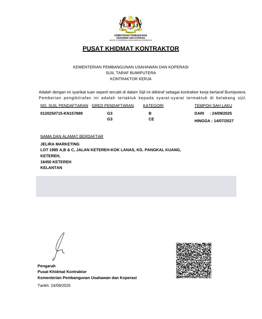 Sijil Taraf Bumiputera Jelira Marketing