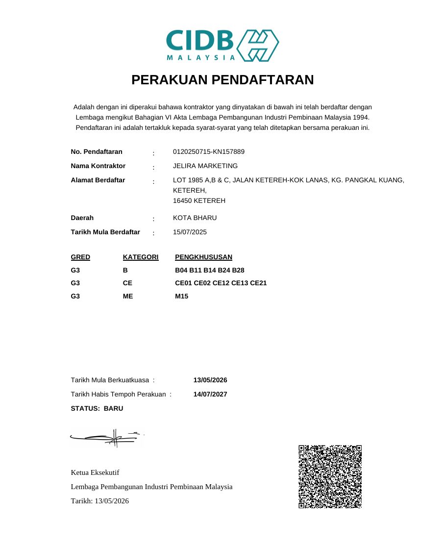 Perakuan Pendaftaran CIDB Jelira Marketing