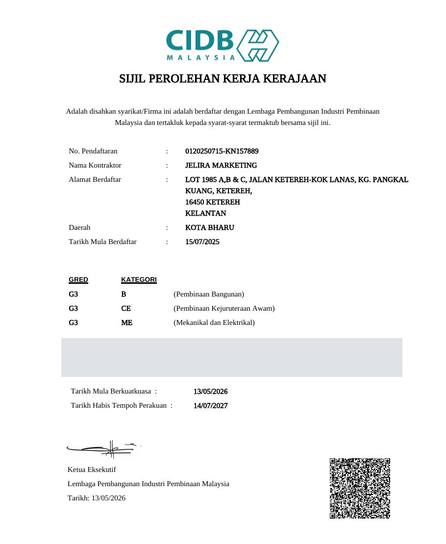 Sijil Perolehan Kerja Kerajaan CIDB Jelira Marketing