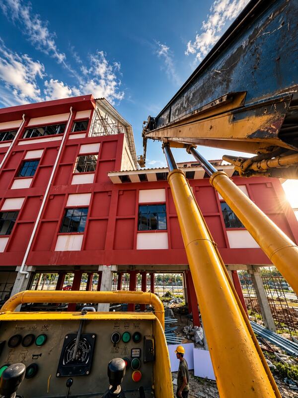 Bakul skylift SOHHO di sisi bangunan merah